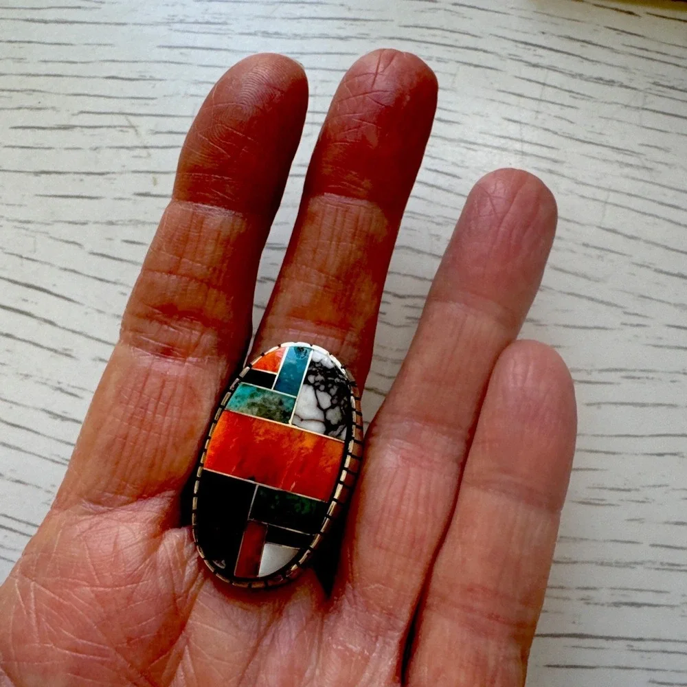 BIG Turquoise Multi Stone Inlay Mens Ring Sz 13 Navajo Sterling Signed Jack 34mm